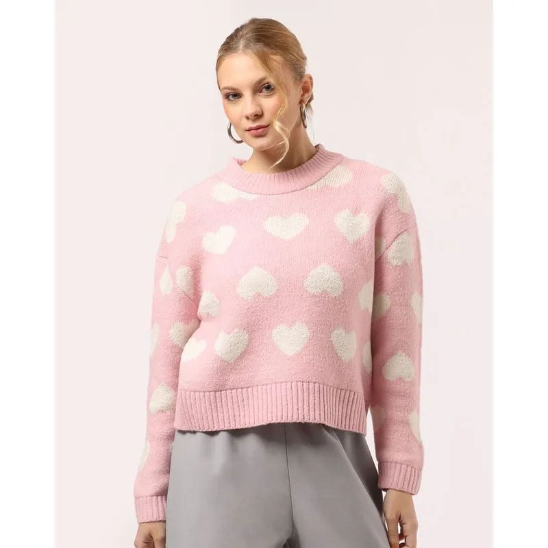 Suéter Feminino Tricô Estampado Corações com Lurex Rosa M