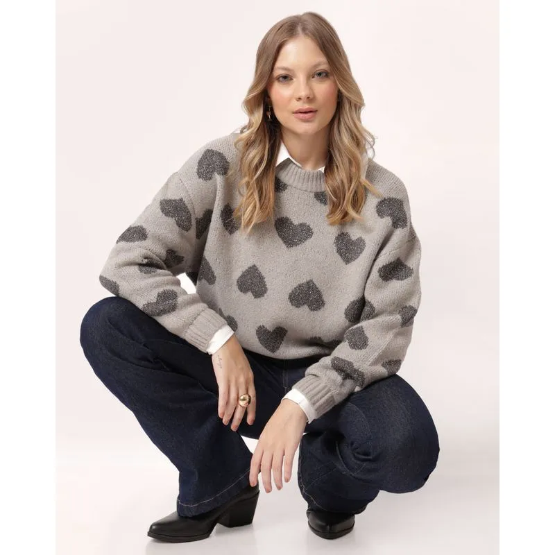Suéter Feminino Tricô Estampado Corações com Lurex Cinza GG
