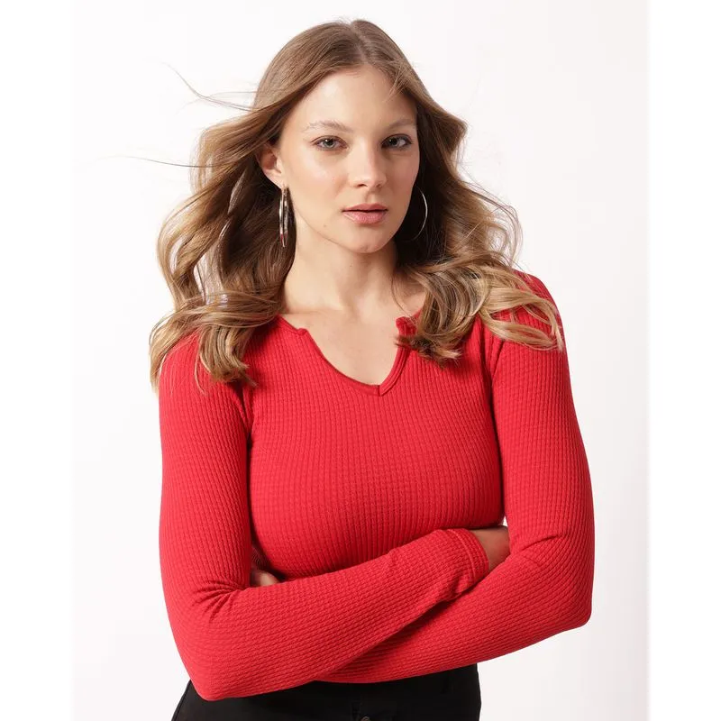 Blusa Feminina Cropped Manga Longa Texturizada Vermelha PP