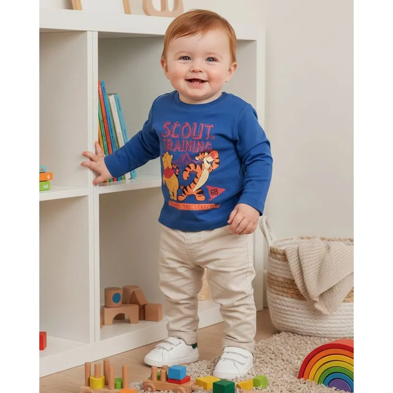 Camiseta Bebê Manga Longa Algodão Ursinho Pooh e Tigrão Azul M