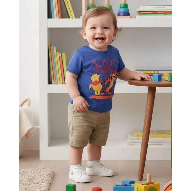 Camiseta Bebê Manga Curta Algodão Pooh e Tigrão Azul P