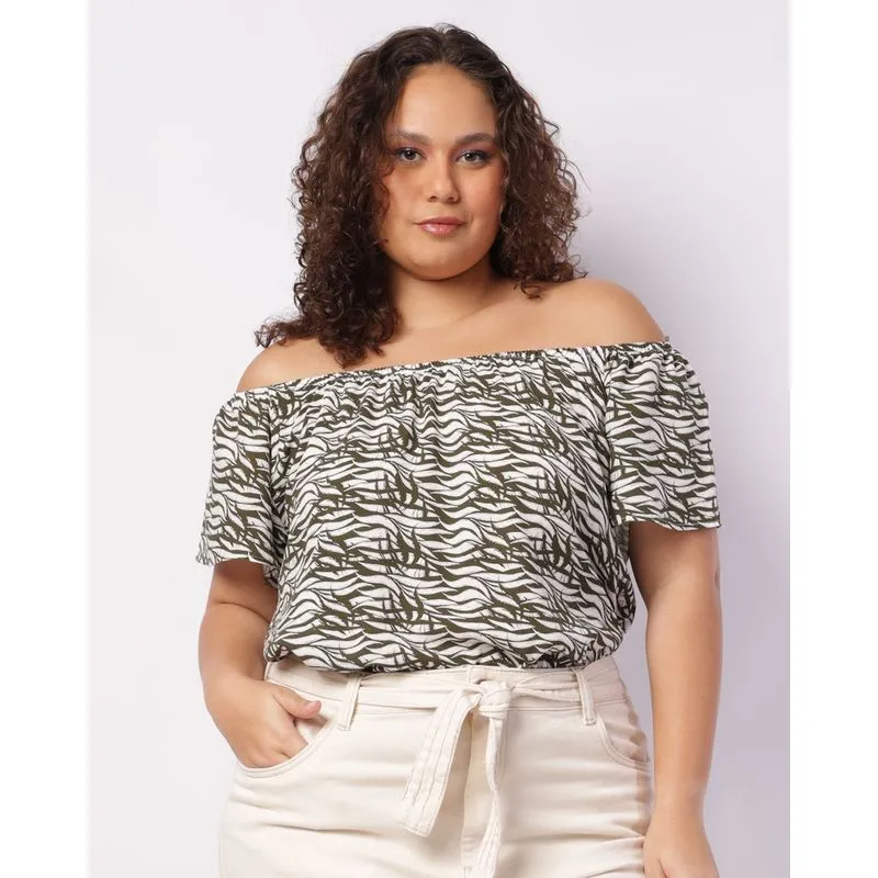 Blusa Plus Size Feminina Berry & Co. Ciganinha Estampada Verde G3