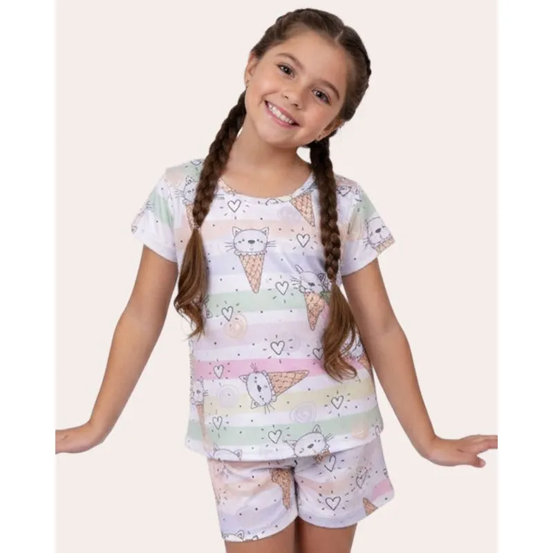 Pijama Infantil Curto Estampado Sorvetes e Gatinhos Branco 8