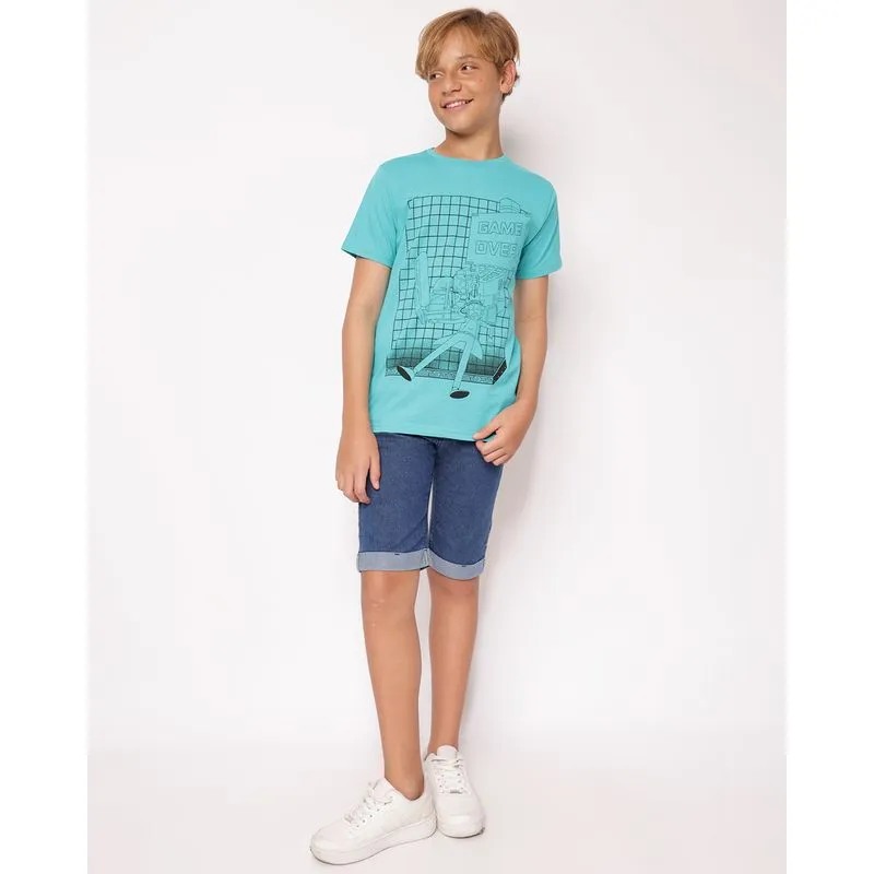Bermuda Jeans Juvenil Reta Barra Dobrada Azul 10