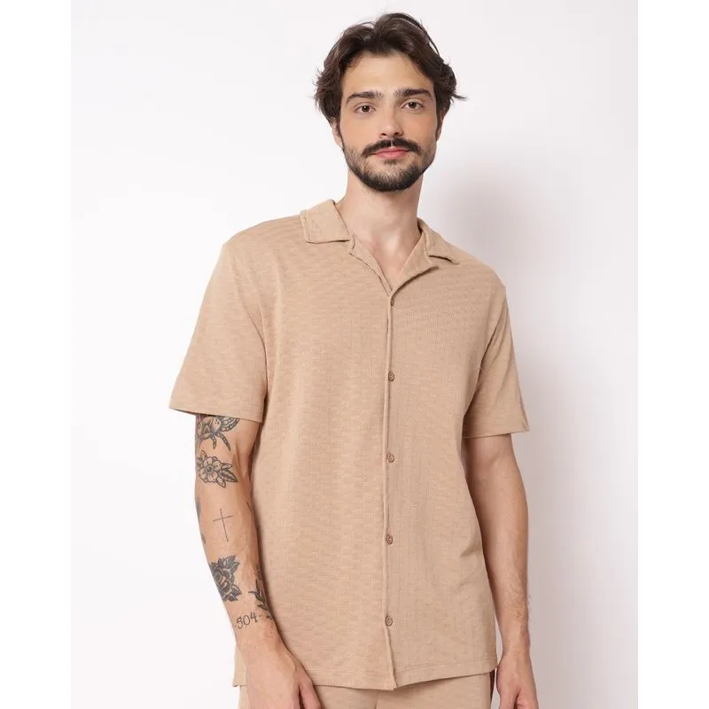 Camisa Masculina Texturizada Manga Curta Bege M