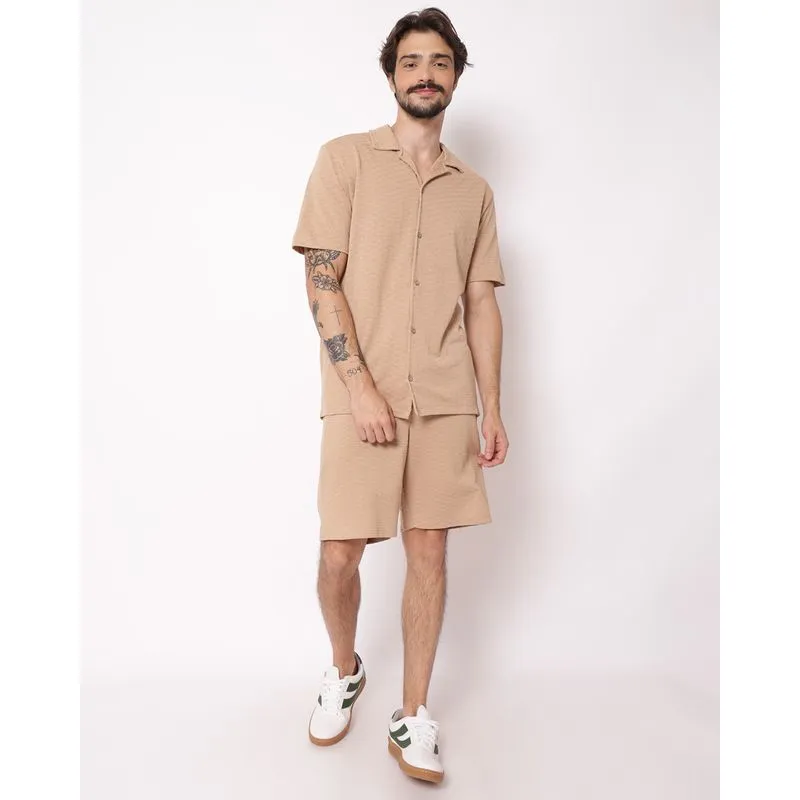 Bermuda Masculina Reta Texturizada com Bolsos Bege GG