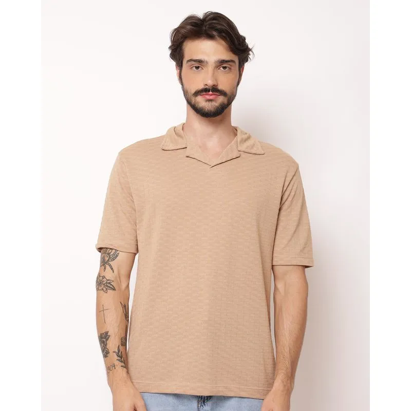 Camisa Polo Masculina Jacquard Manga Curta Bege GG
