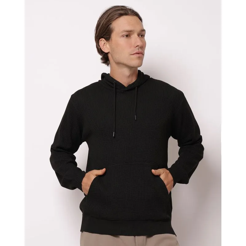 Blusão Masculino Tricô Maquinetado com Capuz Bolsos Preto GG