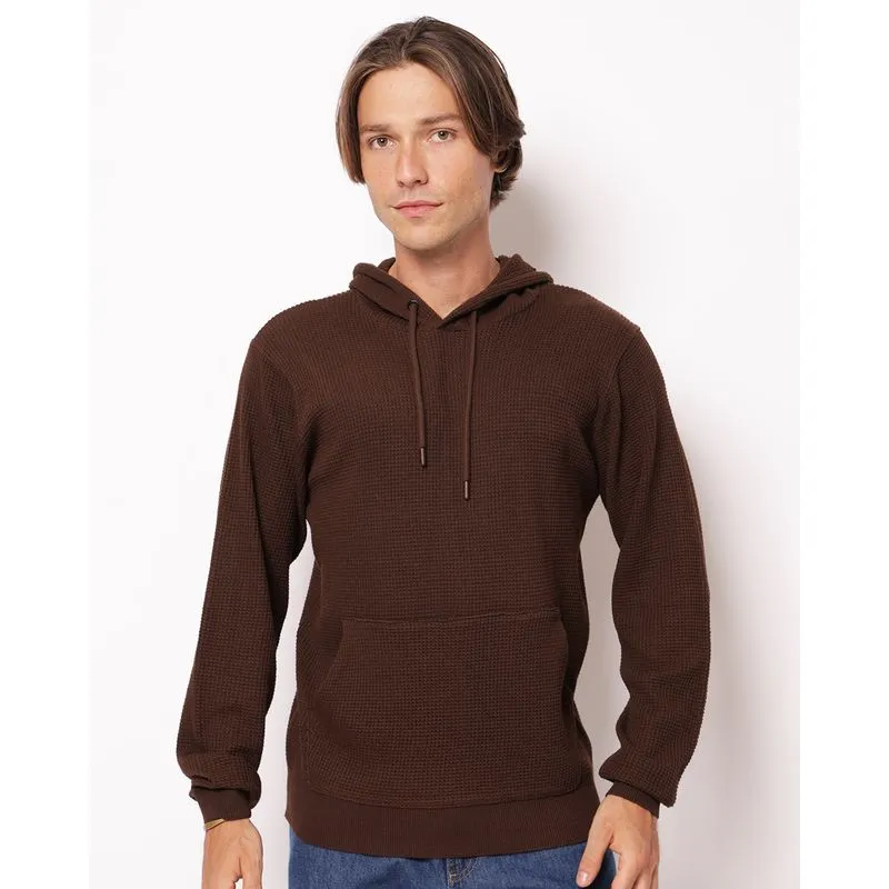Blusão Masculino Tricô Maquinetado com Capuz Bolsos Marrom G