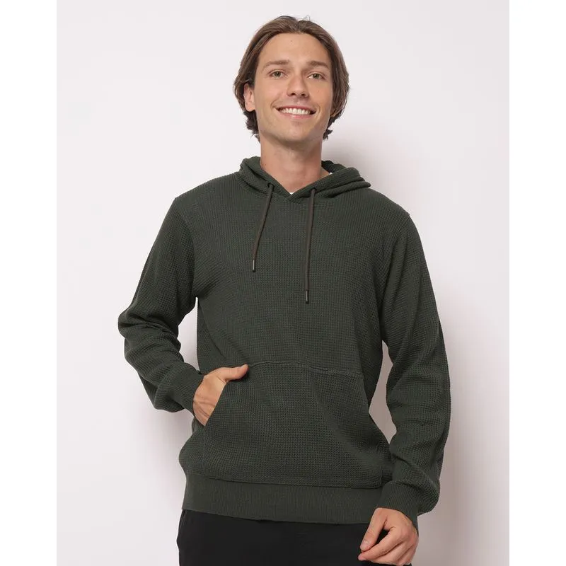 Blusão Masculino Tricô Maquinetado com Capuz Bolsos Verde M