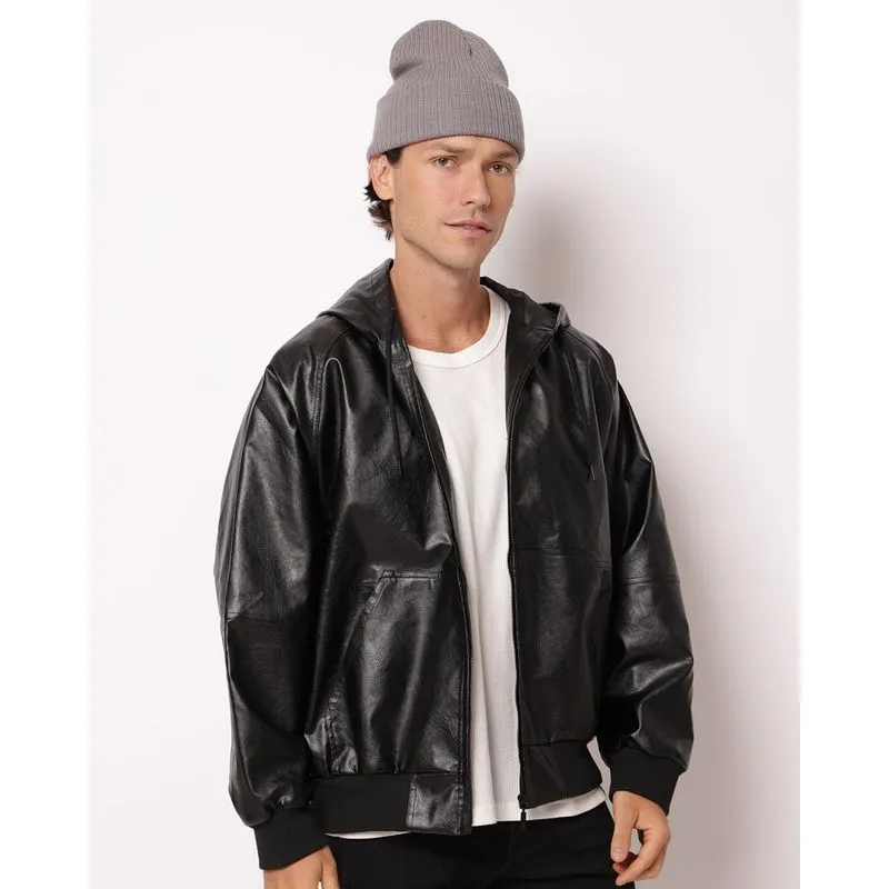Jaqueta Masculina PU com Capuz Preta P
