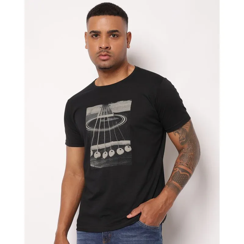 Camiseta Masculina Algodão com Estampa Guitarra Manga Curta Preta M