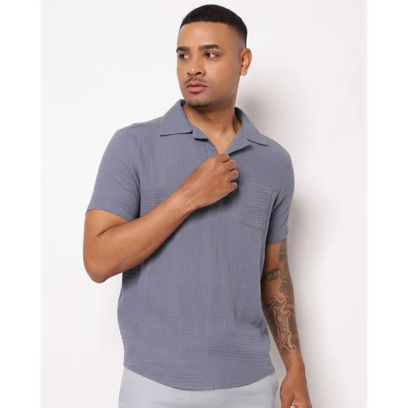 Camisa Polo Masculina Algodão Texturizado com Bolso Manga Curta Azul M