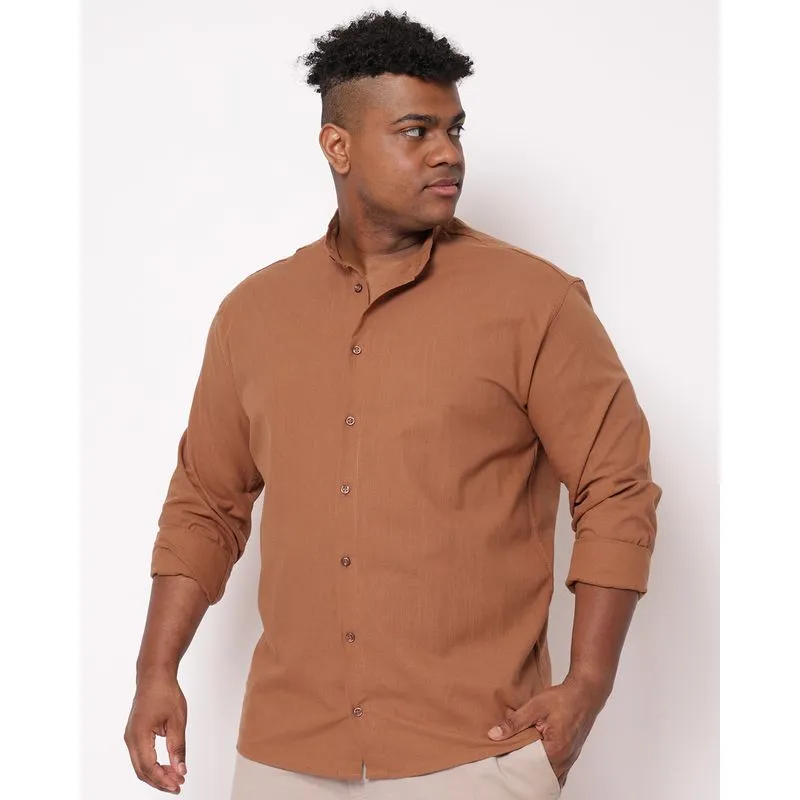 Camisa Plus Size Masculina Algodão Manga Longa Marrom 8