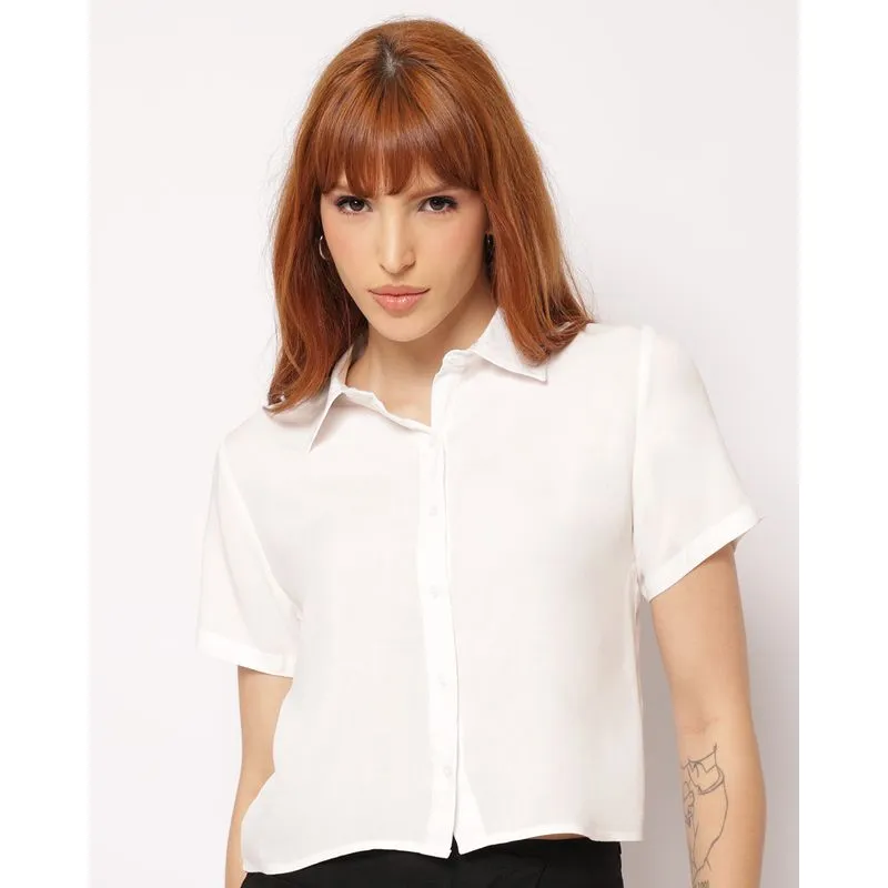 Camisa Feminina Berry & Co. Cropped Viscose Manga Curta Branca M