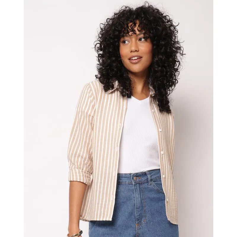 Camisa Feminina Berry & Co. Listrada Manga Longa Bege M