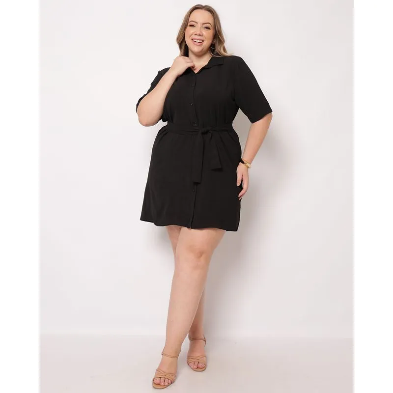 Vestido Chemise Plus Size Feminino Berry & Co.com Botões Preto G2