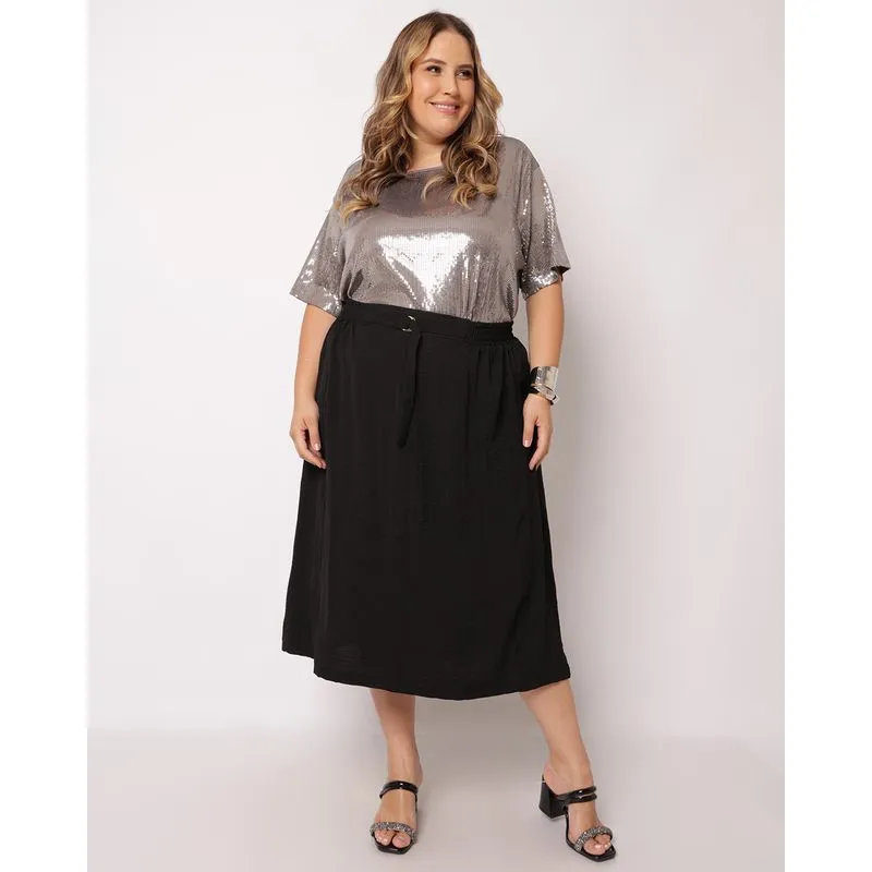 Saia Plus Size Feminina Berry & Co. Midi com Aviamento Preta G2