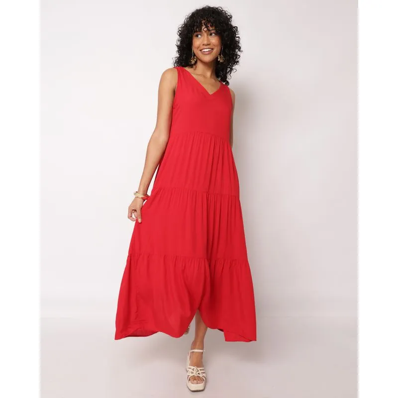 Vestido Feminino Berry & Co. Longo Viscose Três Marias Decote V Vermelho GG