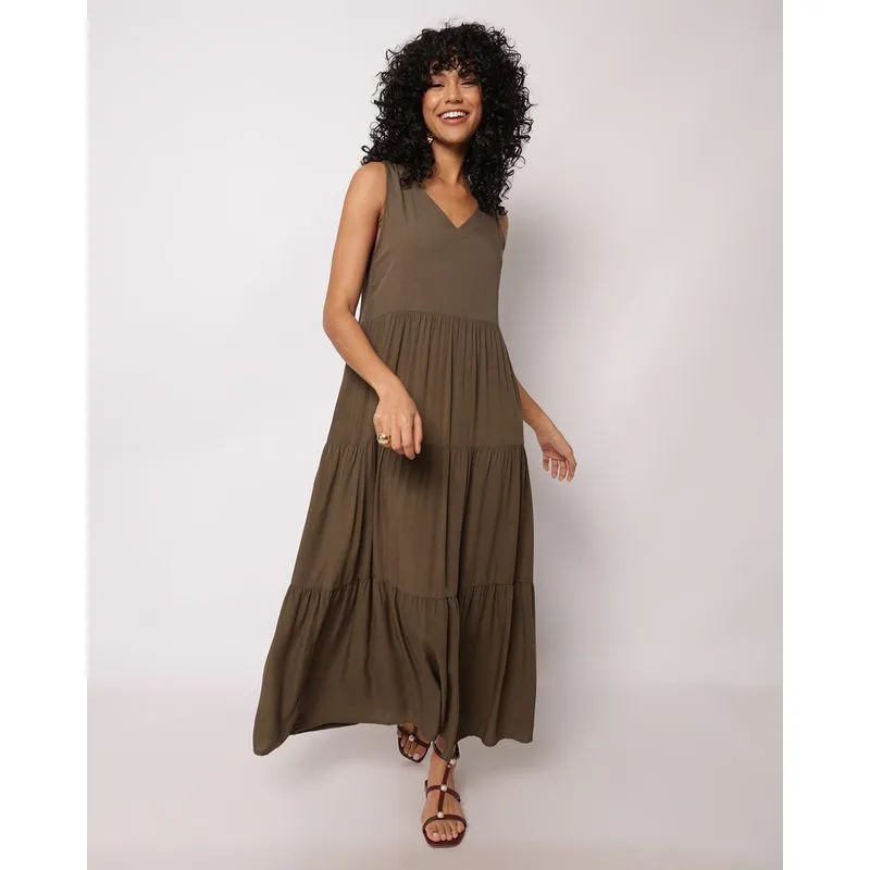 Vestido Feminino Longo Berry & Co. Viscose Três Marias Decote V Verde G