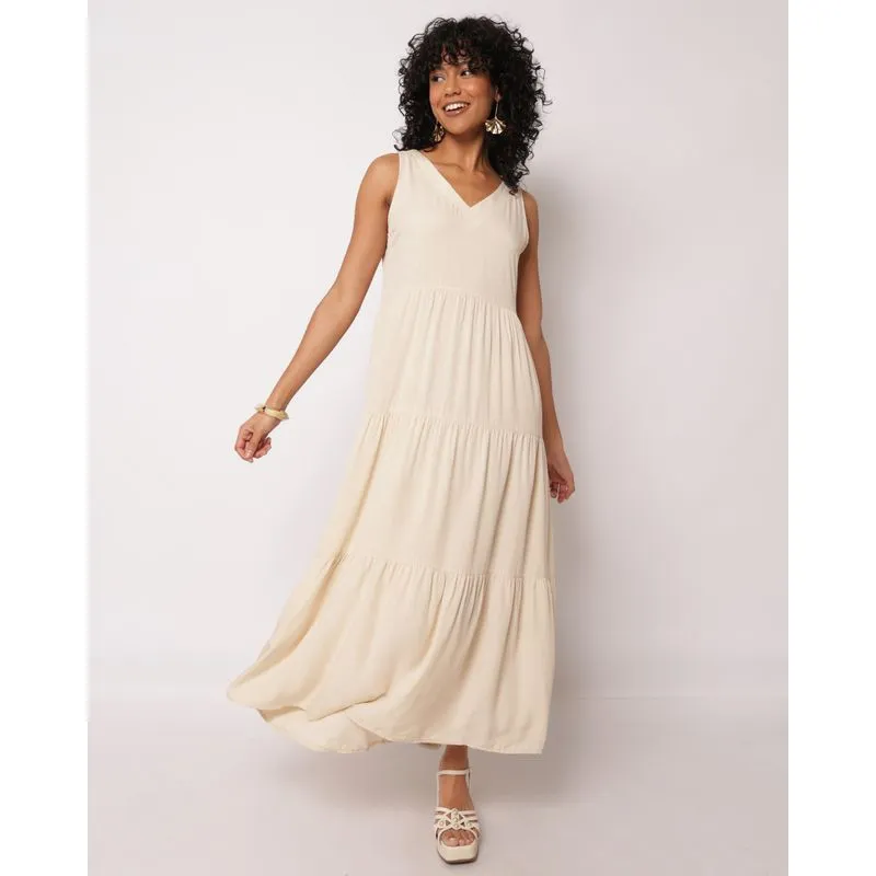 Vestido Feminino Longo Berry & Co. Viscose Três Marias Decote V Bege M