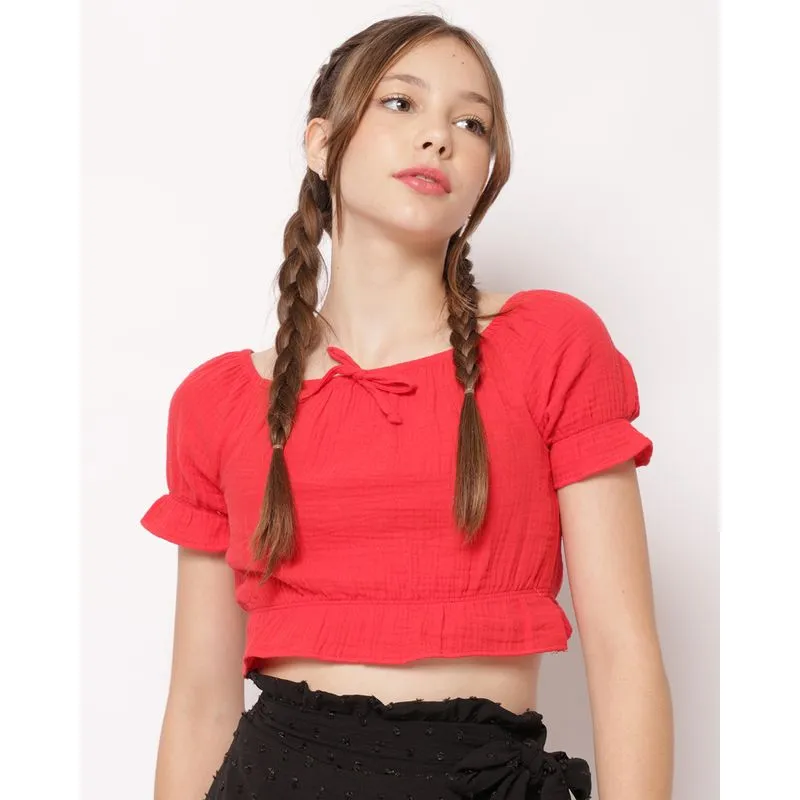 Blusa Juvenil Cropped Algodão Texturizada Ciganinha Vermelha 12