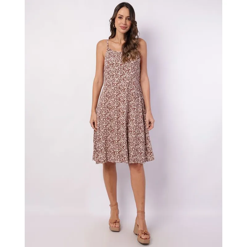 Vestido Feminino Curto Viscose com Alcinha Lastex Estampado Marrom M
