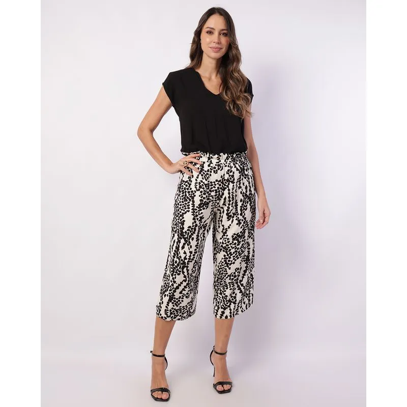 Calça Feminina Pantacourt Viscose Estampada Preta P