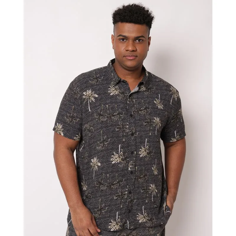 Camisa Plus Size Masculina Viscose Estampada Manga Curta Preta G2