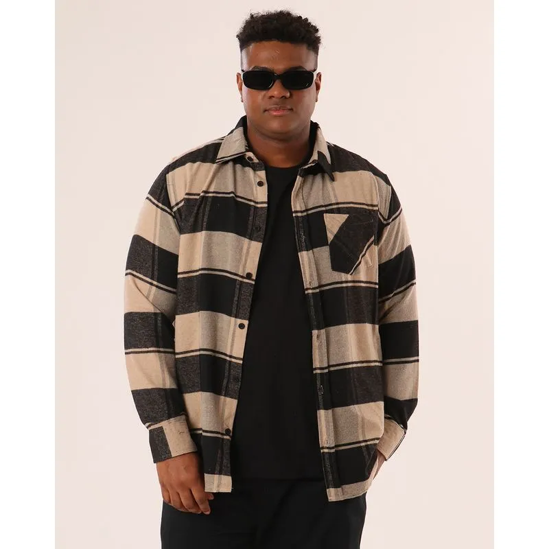 Camisa Plus Size Masculina Xadrez Flanelada Bege G4