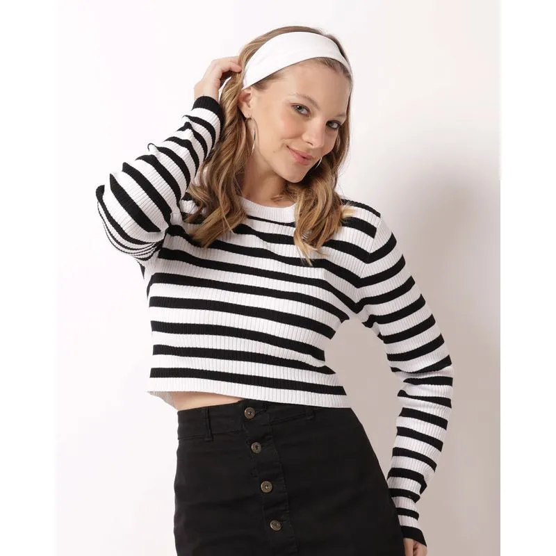 Blusa Feminina Cropped Tricô Canelada Listrada Branca G
