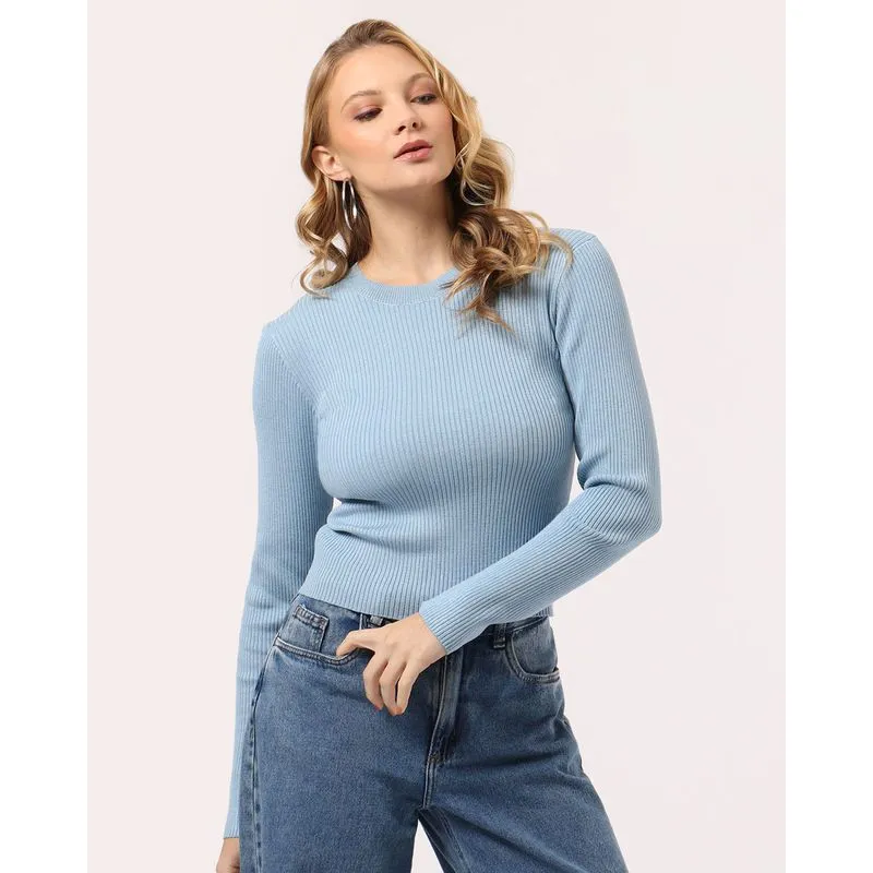 Suéter Feminino Tricô Manga Longa Azul M