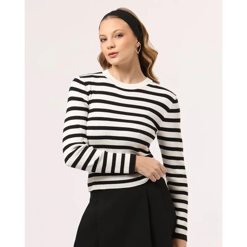 Suéter Feminino Tricô Listrado Manga Longa Preto M