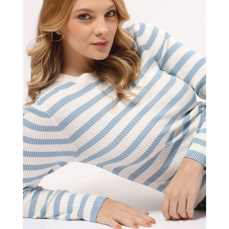 Suéter Feminino Tricô Listrado Azul M