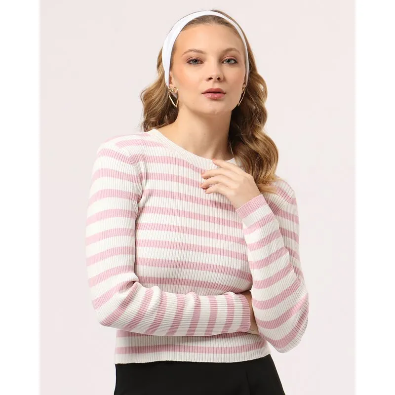 Suéter Feminino Tricô Listrado Manga Longa Rosa GG