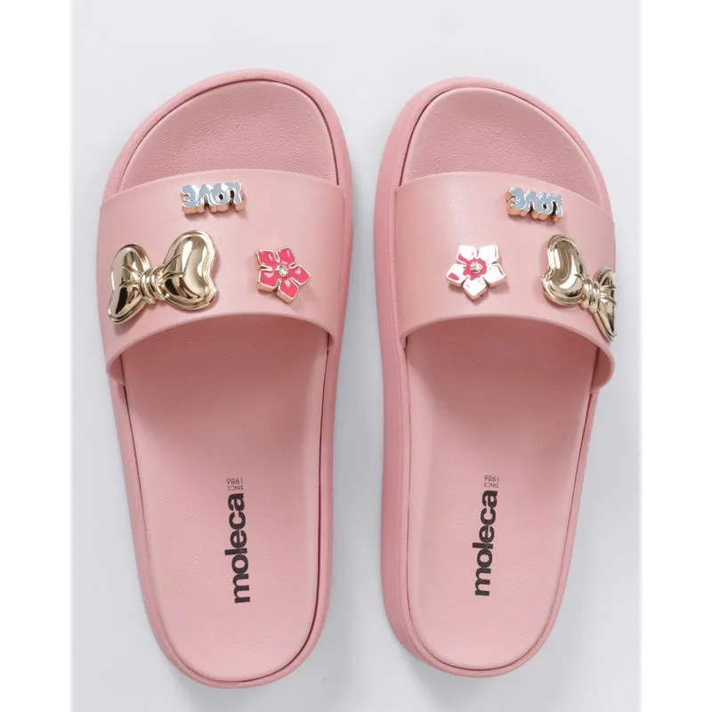 Chinelo Slide Feminino Moleca com Pingentes Rosa 36