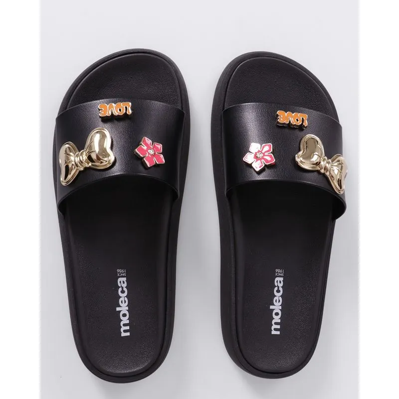 Chinelo Slide Feminino Moleca com Pingentes Preto 38