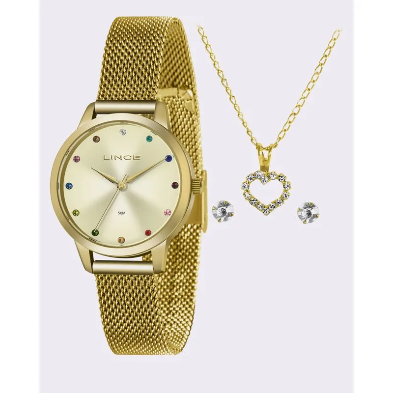 Kit Relógio Feminino Lince com Colar e Brinco Dourado UN