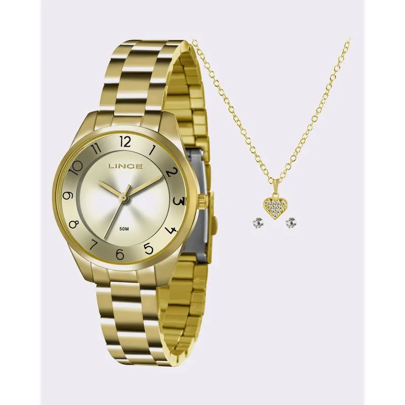 Kit Relógio Feminino Lince com Colar e Brinco Dourado UN