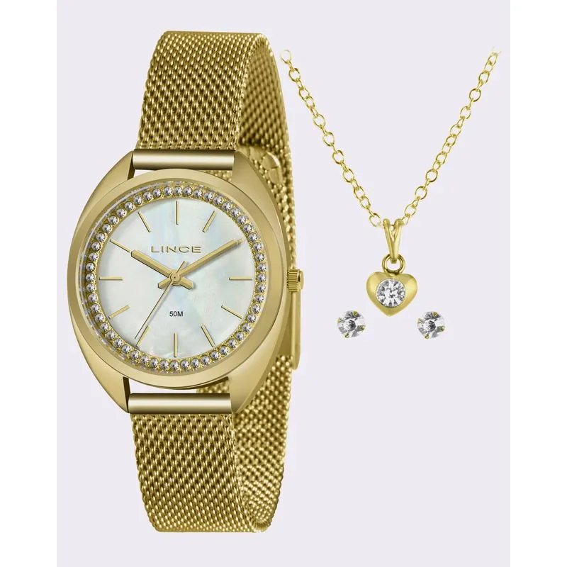 Kit Relógio Feminino Lince com Colar e Brinco Dourado UN