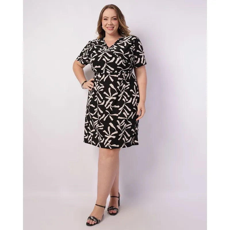 Vestido Plus Size Feminino Curto Liganete Estampado Preto G3