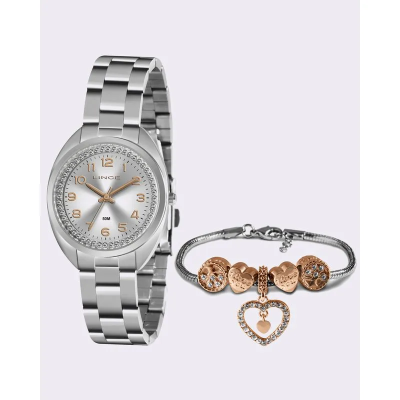 Kit Relógio Feminino Lince com Pulseira Berloque Prata UN