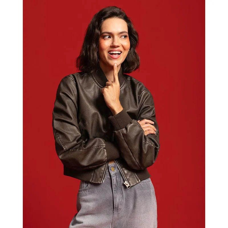 Jaqueta Feminina Cropped PU Vintage Marrom G
