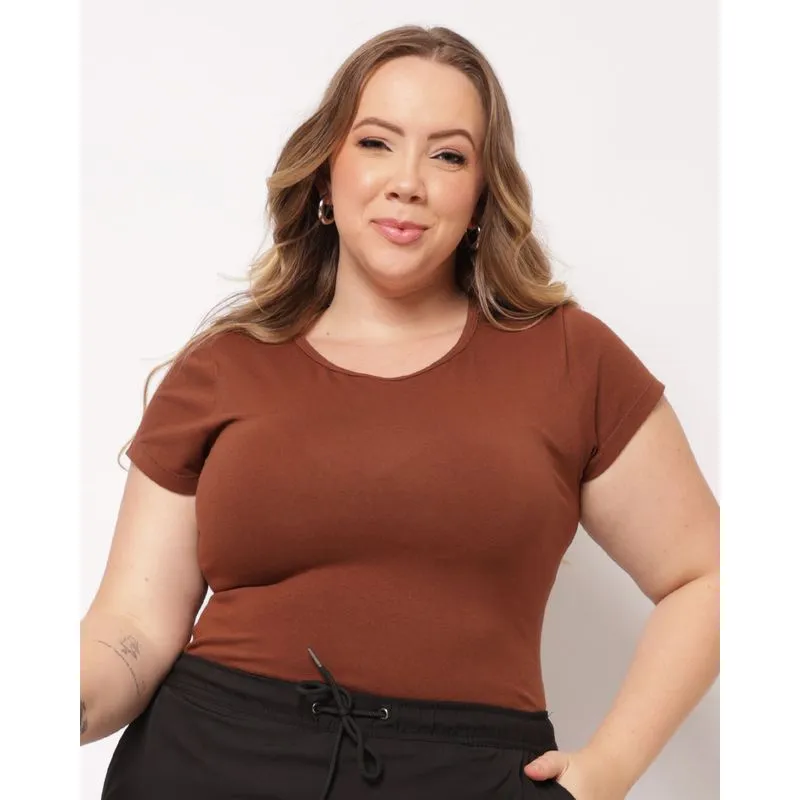 Camiseta Plus Size Feminina Algodão Básica Manga Curta Marrom G3