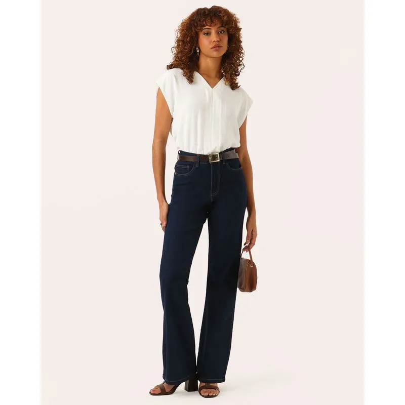Calça Jeans Premium Feminina Flare Cintura Alta Azul Escuro 52