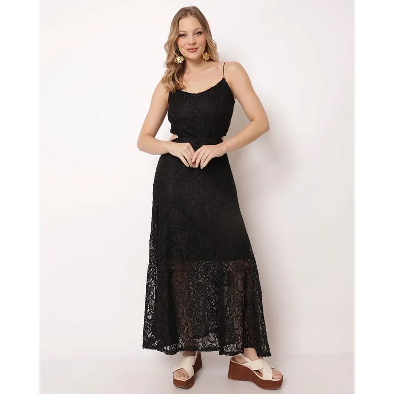 Vestido Longo Feminino em Renda com Alças Finas Preto P