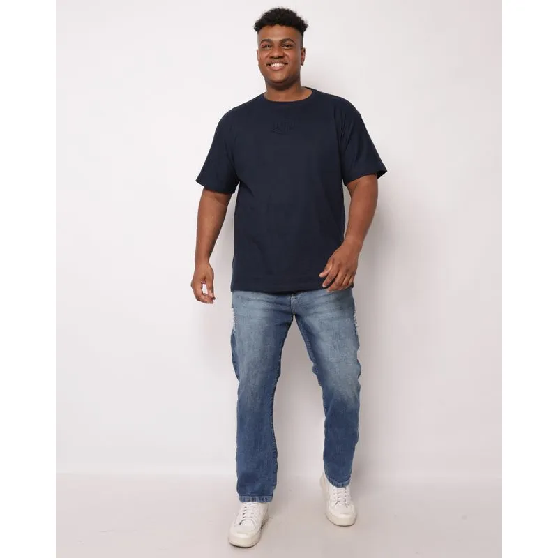 Calça Jeans Plus Size Masculina Reta com Puídos Azul 56