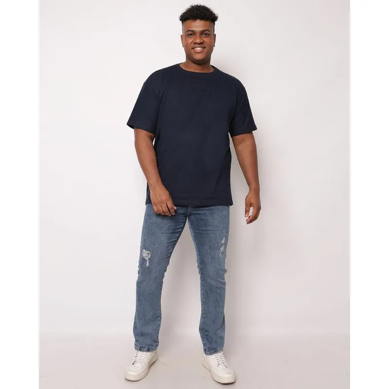 Calça Jeans Plus Size Masculina Reta com Puídos Azul 54