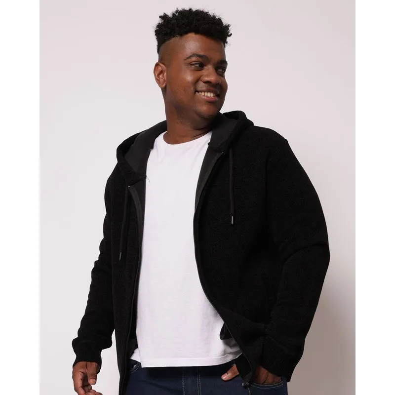 Jaqueta Plus Size Masculina Tricô com Capuz Bolsos Preto G1