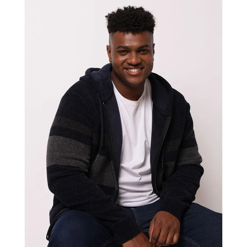 Jaqueta Plus Size Masculina Tricô com Capuz Bolsos Listrado Marinho G4